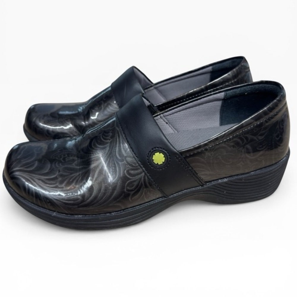 Dansko Work Wonders Black Floral Patent Slip On Clogs Shoes US 7.5-8 EU 38